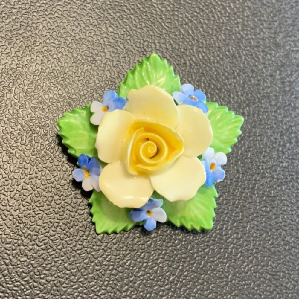 Vintage Denton China Bone China Yellow Rose Brooch Pin Made In England Mint